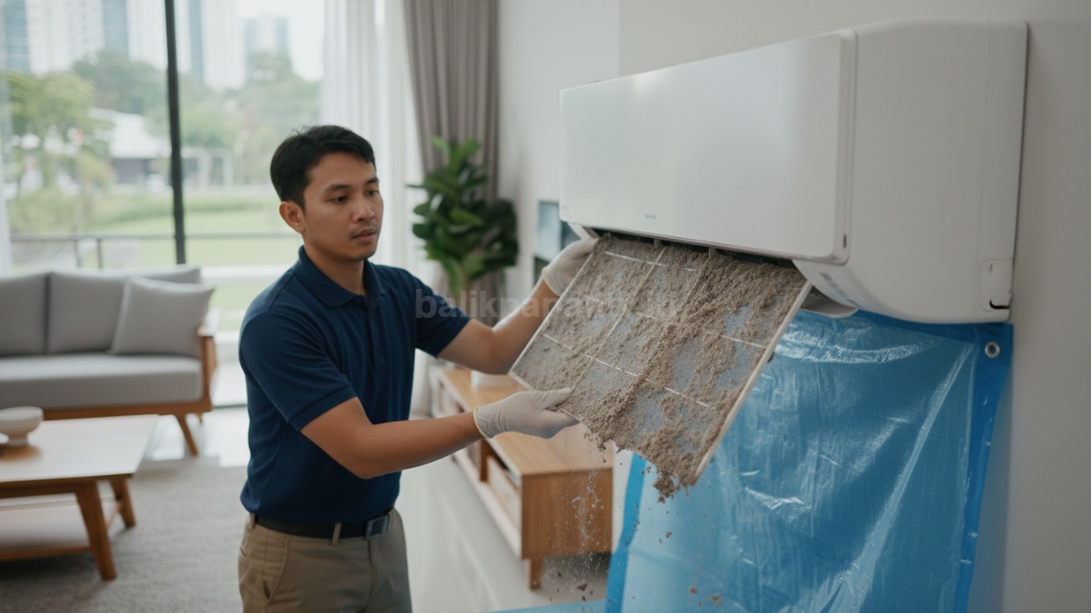 Unit AC rumah dengan filter berdebu, menunjukkan pentingnya perawatan rutin 