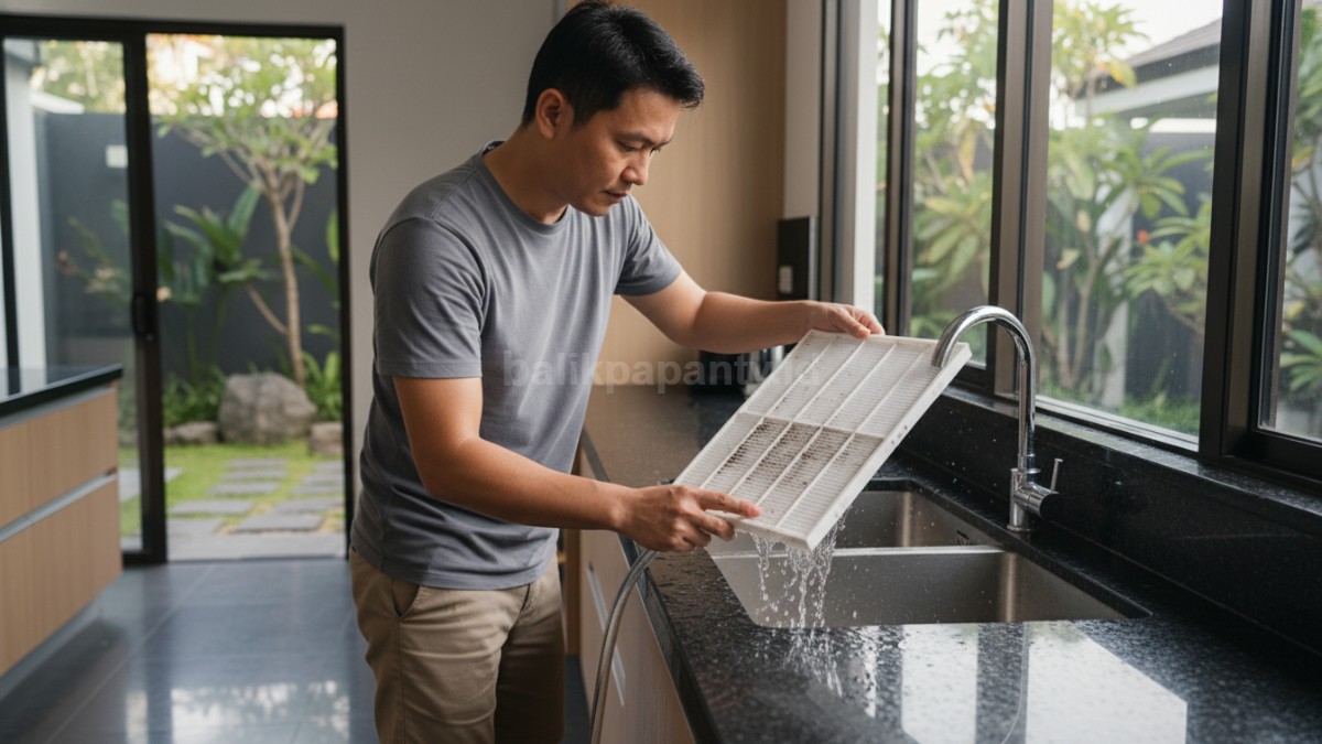 Proses mencuci filter AC dengan air mengalir