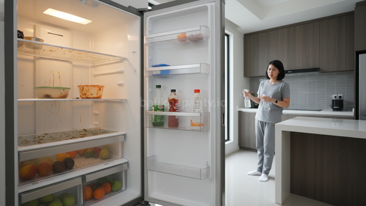Bagian dalam kulkas dengan noda dan sisa makanan, menunjukkan pentingnya pembersihan rutin