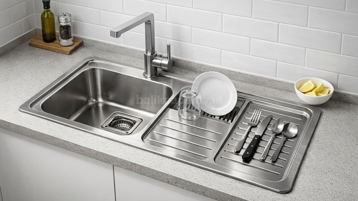 Wastafel cuci piring dengan drainboard terintegrasi.