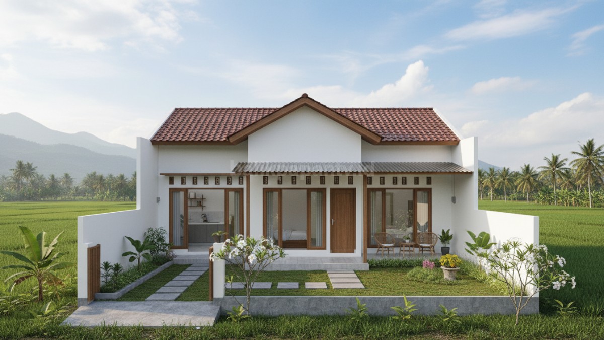 Rumah pensiun dengan taman kecil dan teras nyaman untuk aktivitas santai