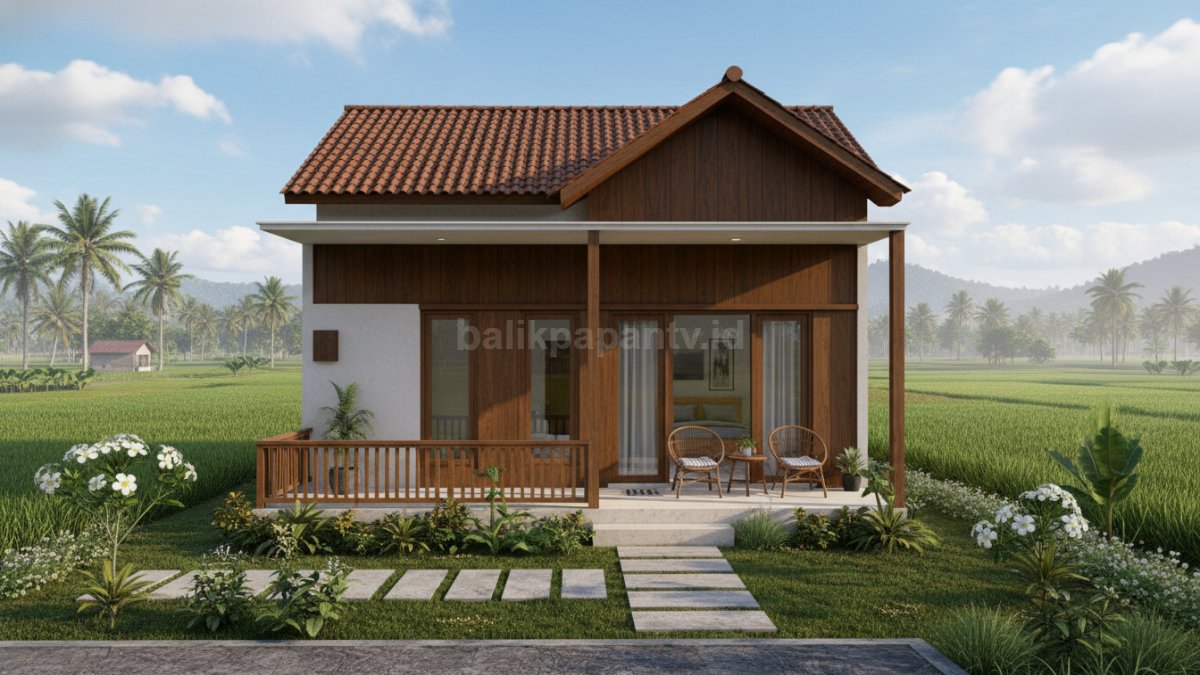 Rumah minimalis sederhana di kampung dengan teras luas dan taman kecil yang nyaman untuk masa pensiun