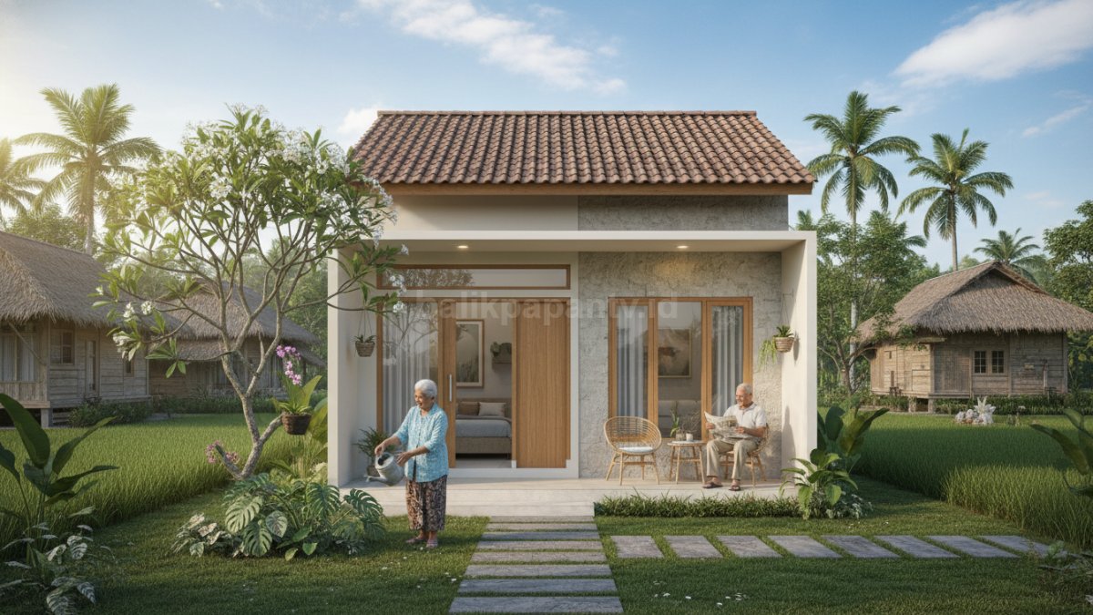 Rumah minimalis sederhana di kampung dengan teras luas dan taman kecil yang nyaman untuk masa pensiun