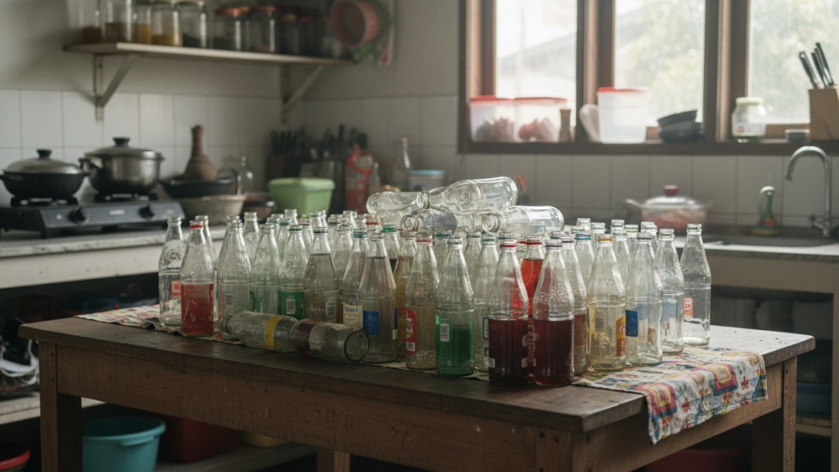 Tumpukan botol sirup bekas di dapur setelah Lebaran, siap dimanfaatkan ulang