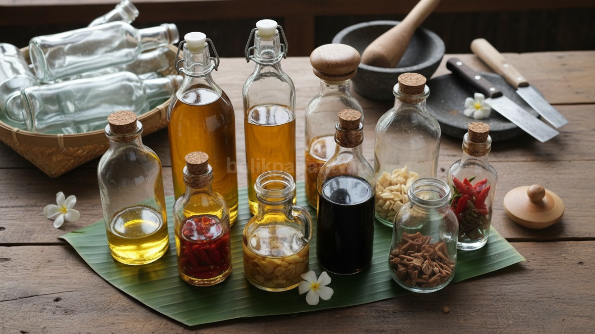 Botol sirup bekas yang sudah dicuci bersih dan diisi bahan dapur seperti minyak dan kecap