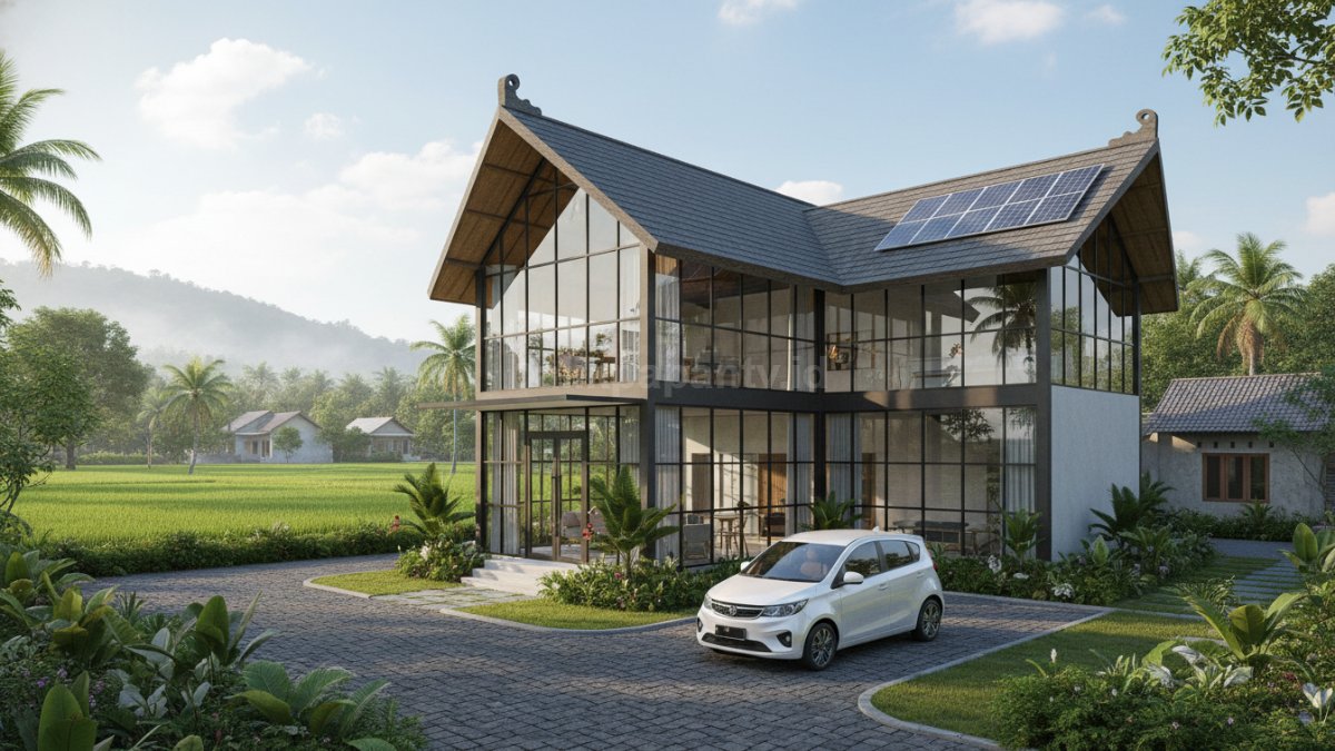 Contoh desain rumah limasan modern dengan teras luas dan kaca besar