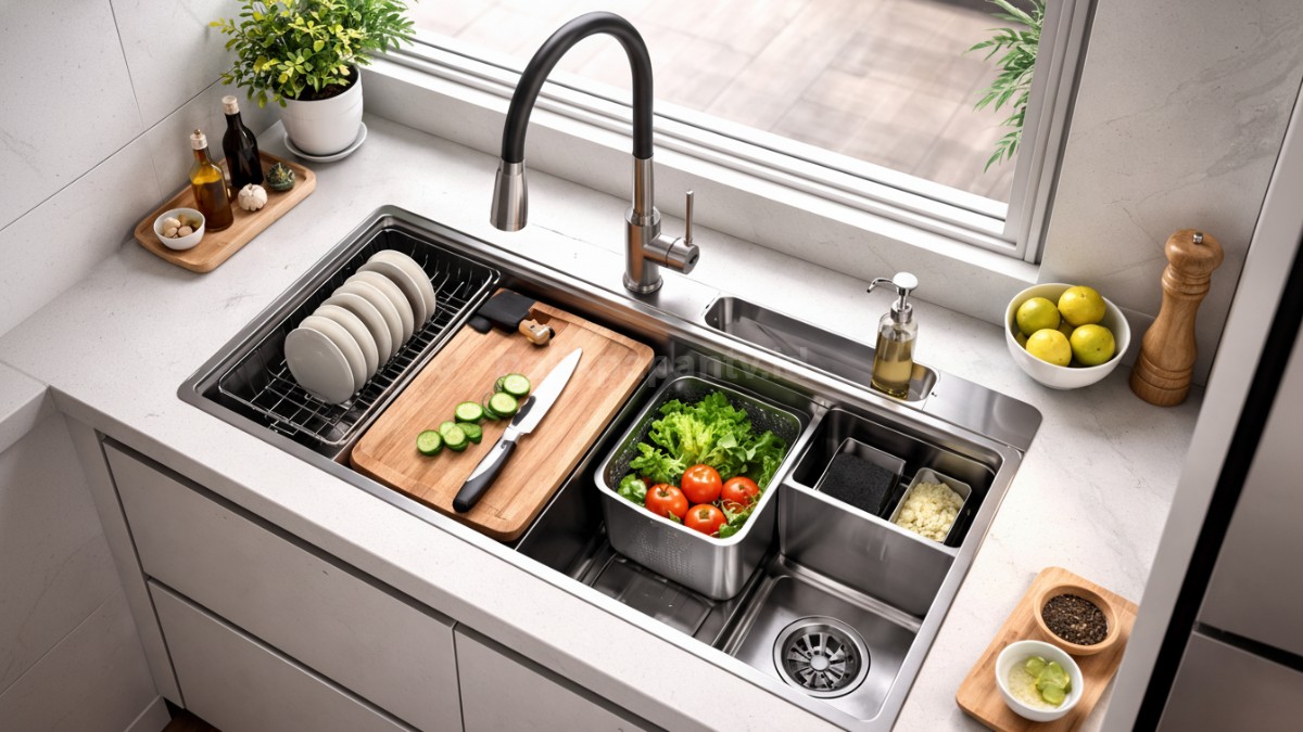 Wastafel cuci piring dapur minimalis 2026 dengan desain modern dan multifungsi di ruang sempit.