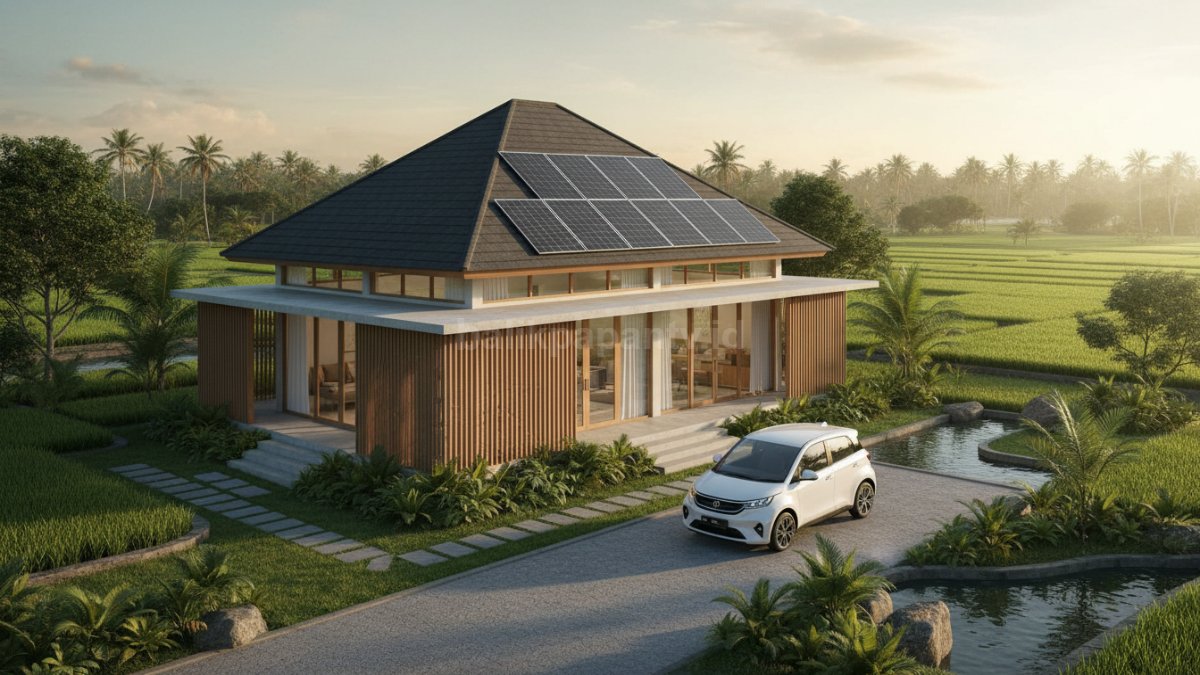 Rumah minimalis atap limasan modern di desa dengan desain tropis adem dan estetik