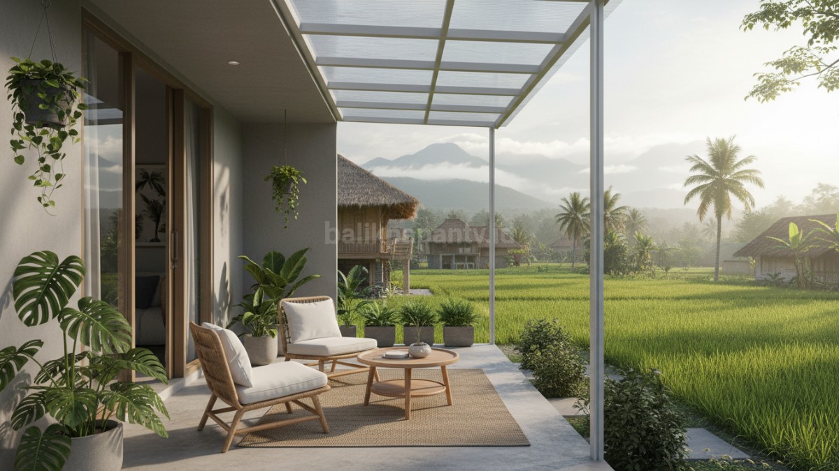 Teras rumah minimalis 5x7 meter dengan desain sederhana, kursi kecil dan tanaman hijau.