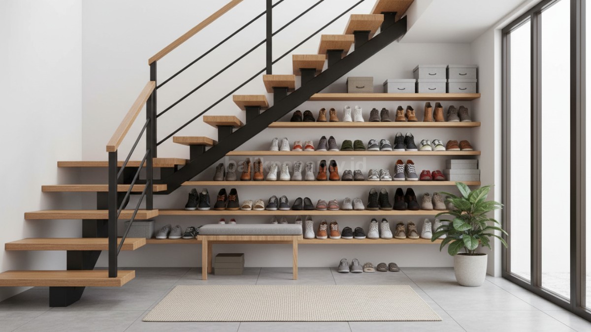 Area bawah tangga yang dimanfaatkan sebagai storage sepatu 