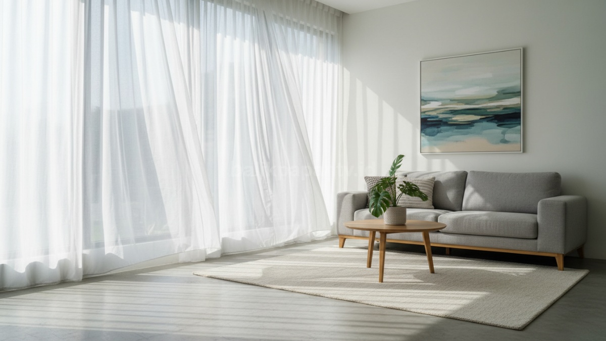 Gorden minimalis modern dengan cahaya alami masuk, bikin ruang terasa adem dan estetik. 