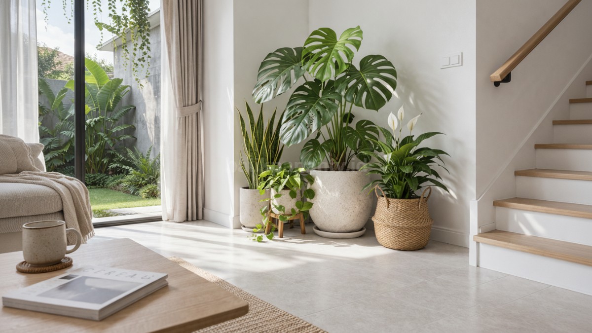 Tanaman indoor di sudut rumah minimalis.