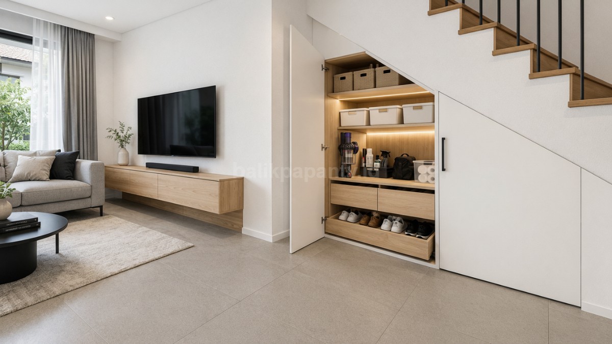 Storage tersembunyi di sudut rumah minimalis.