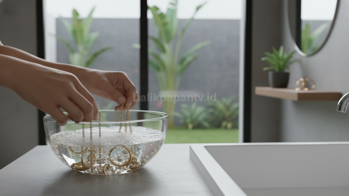 Proses merendam perhiasan dalam air sabun hangat 