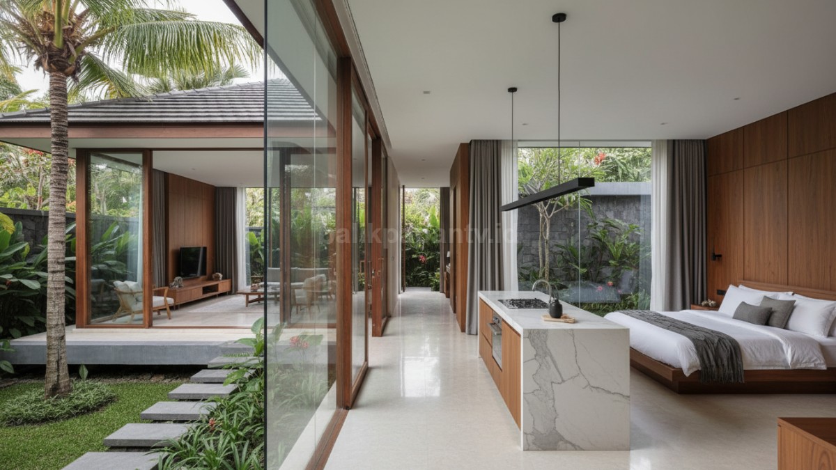 Desain rumah modern dengan jalur gerak efisien yang menghubungkan ruang tamu, dapur, dan kamar tidur secara praktis