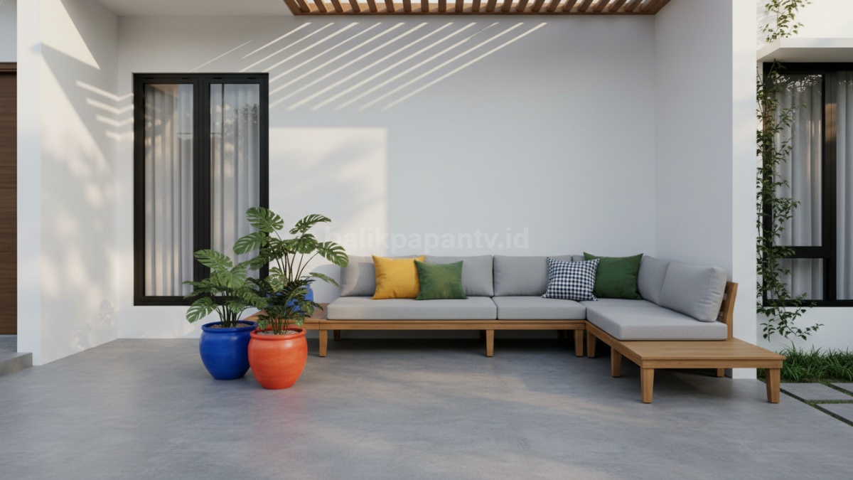 Teras rumah dengan bantal warna cerah dan pot bunga estetik terlihat segar