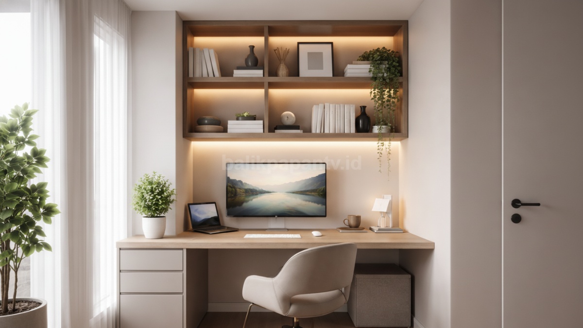 Sudut rumah minimalis yang disulap jadi area kerja modern dengan rak dan pencahayaan estetik.