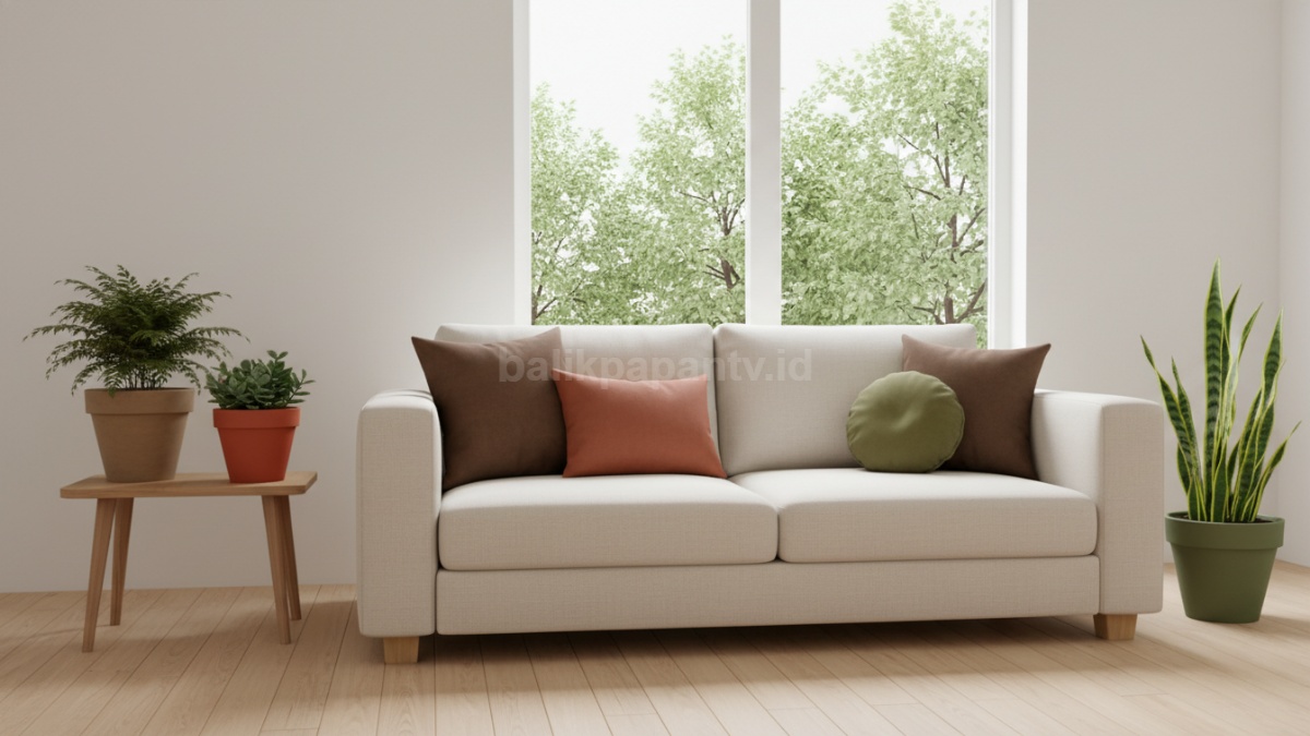 Kombinasi warna bantal duduk di teras minimalis dan Pot bunga warna earthy tone di sudut teras