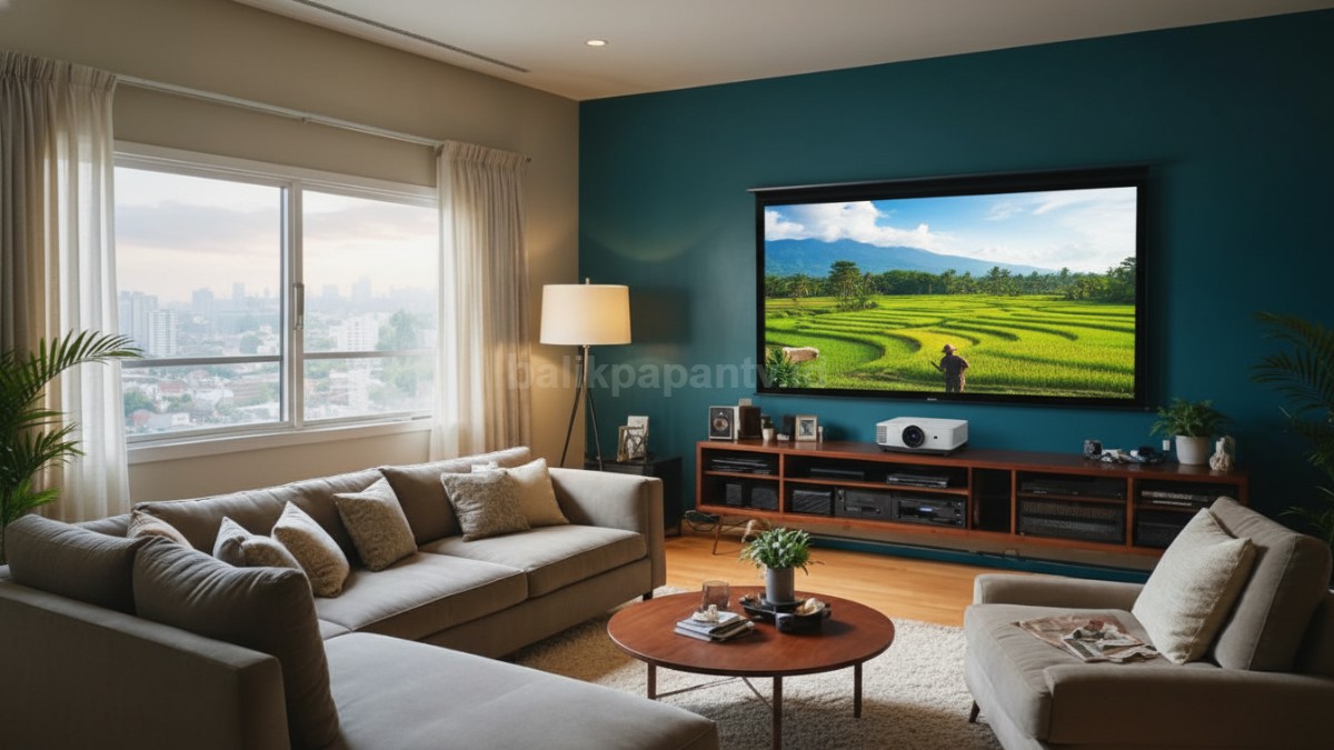 Proyektor EZZRALE EZS1 menampilkan layar besar di ruang keluarga, cocok untuk hiburan rumah