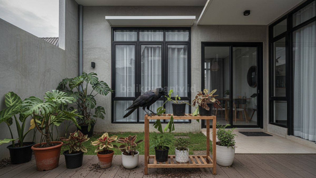 Gagak hinggap di kebun rumah modern dengan tanaman pot terbuka, menunjukkan penyebab utama kedatangan burung.