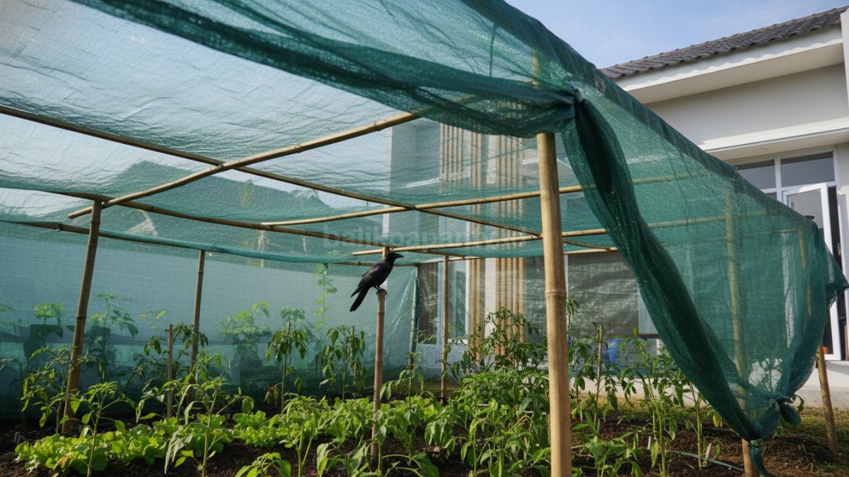Taman rumah yang rapi dengan jaring pelindung tanaman dan pencahayaan yang optimal.