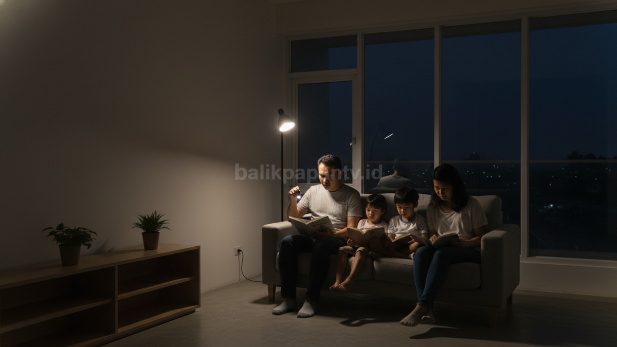 Lampu rumah terlihat redup dengan suasana ruang tamu, menyoroti masalah pencahayaan sehari-hari 