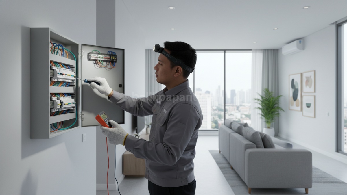 Teknisi memeriksa panel listrik rumah 