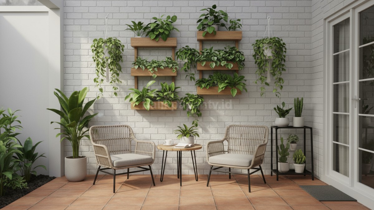Teras rumah minimalis 2x3 meter dengan desain estetik, pencahayaan hangat dan furnitur sederhana