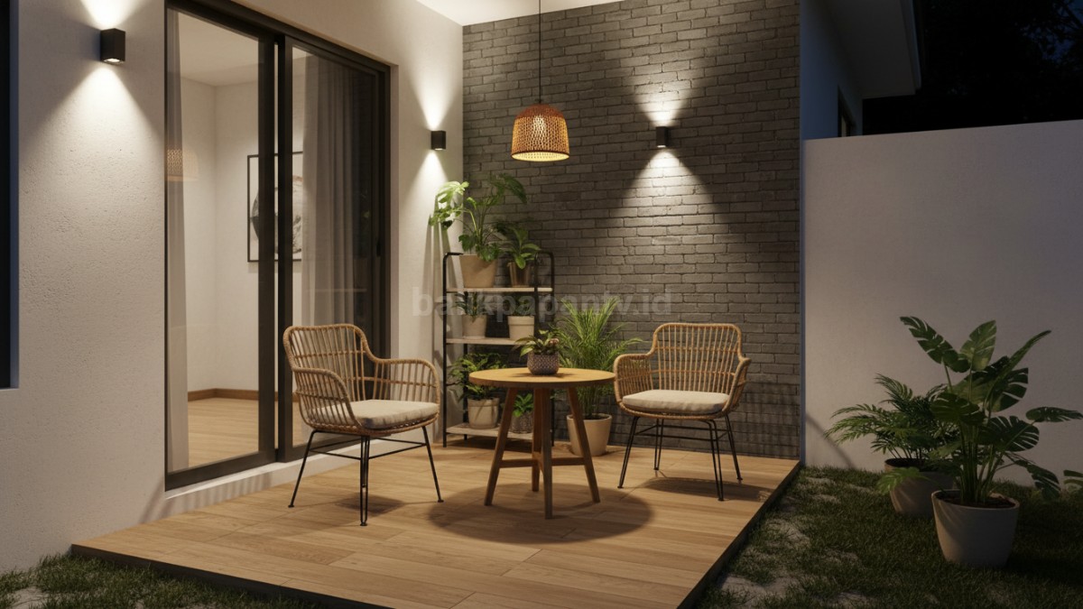 Teras rumah dengan lampu warm light untuk suasana hangat