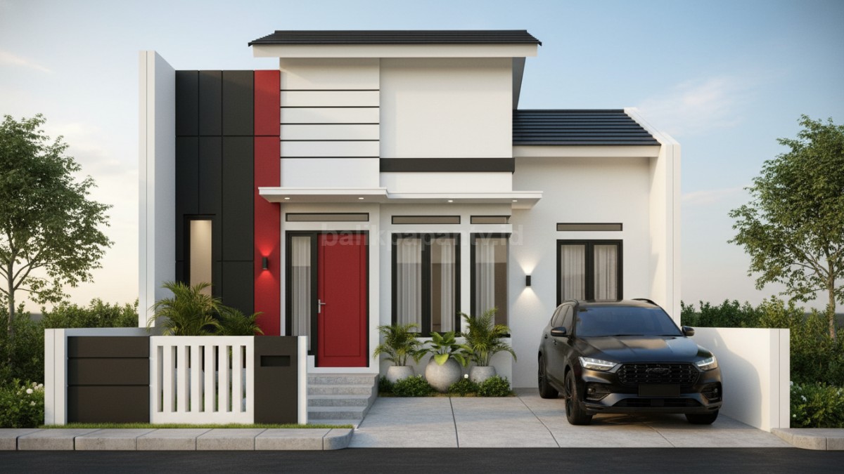 Kombinasi warna fasad Putih tulang + aksen hitam matte + Merah