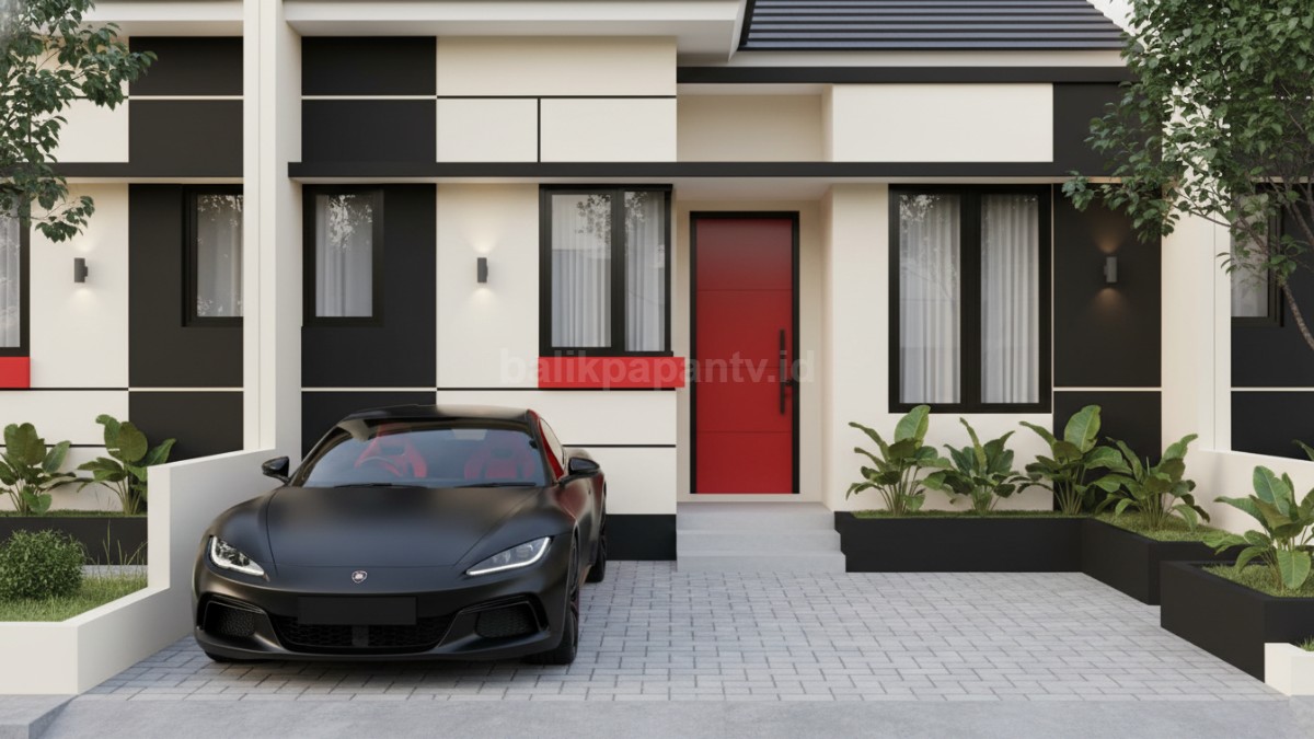 Kombinasi warna fasad Putih tulang + aksen hitam matte + Merah