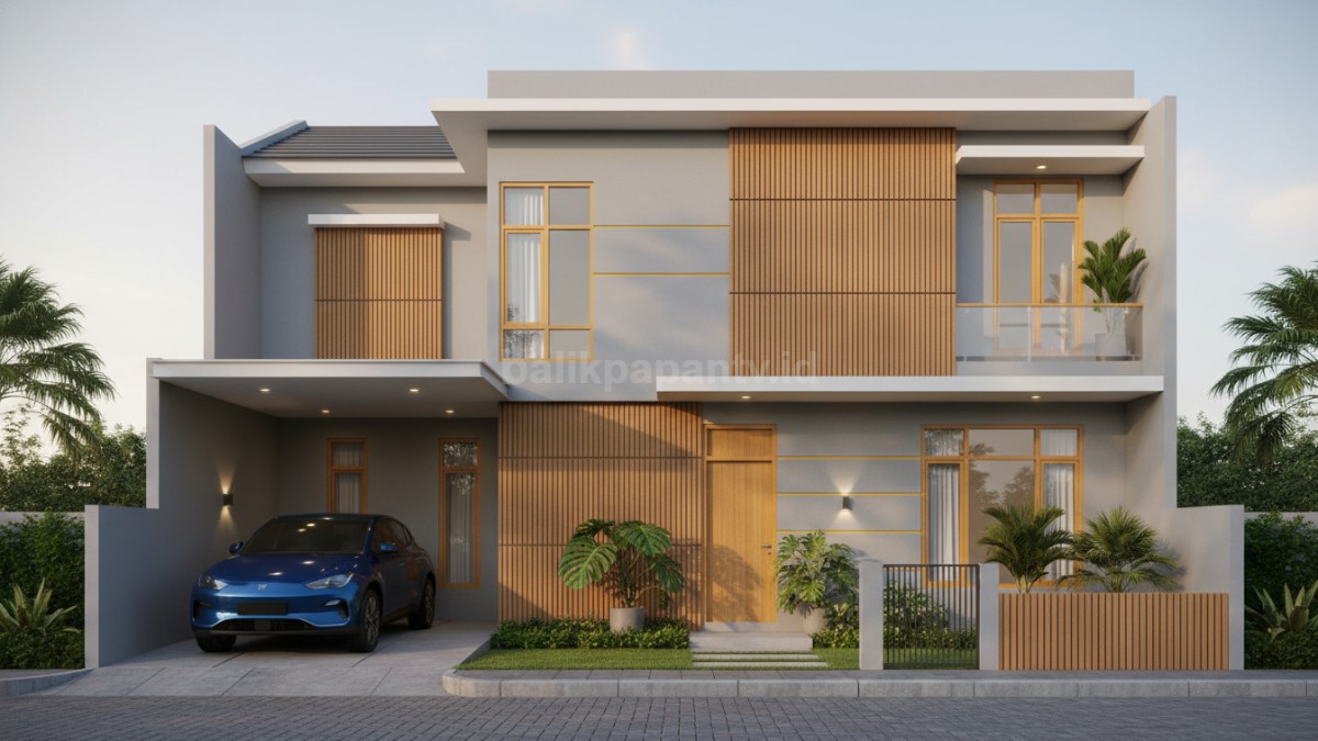 Fasad tampil dengan warna Abu-abu muda + kayu natural + kuning