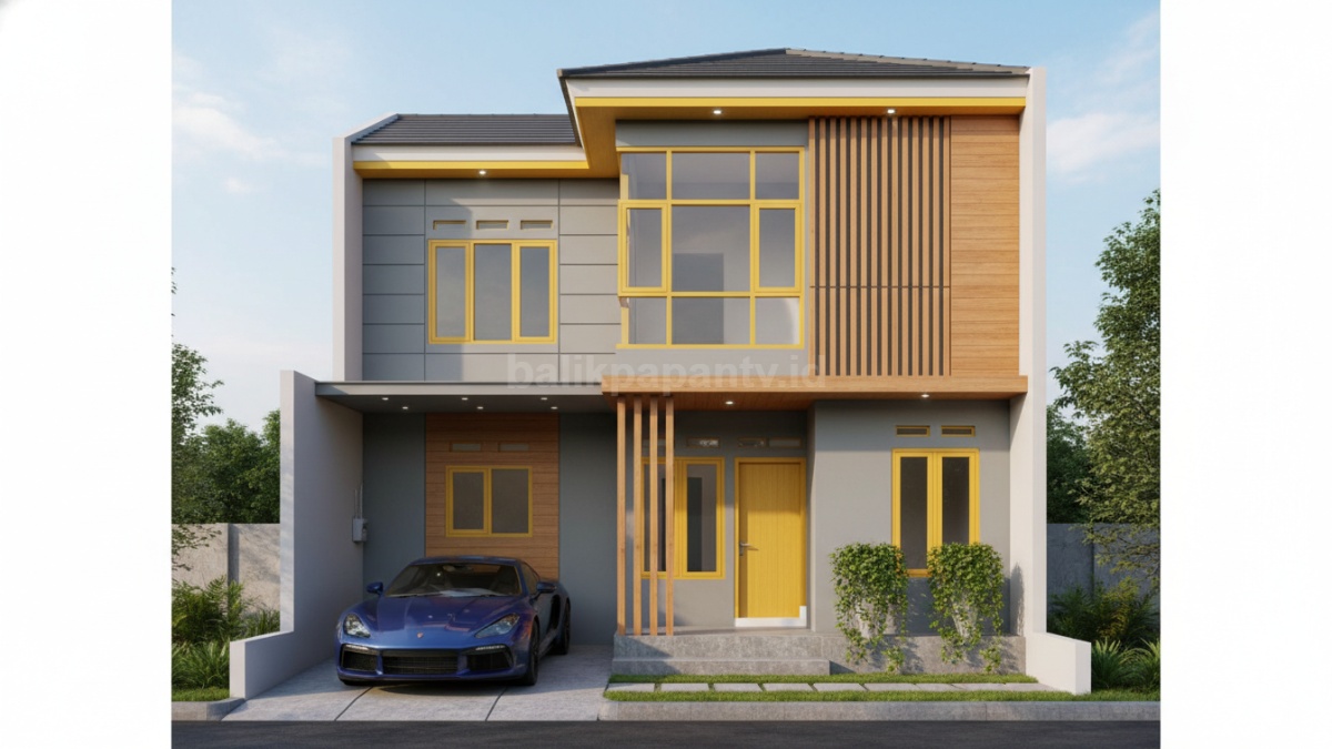Fasad tampil dengan warna Abu-abu muda + kayu natural + kuning