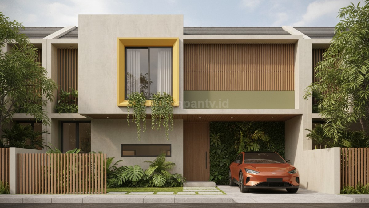 Fasad dengan Kombinasi warna Beige pasir + hijau zaitun + kuning jeruk