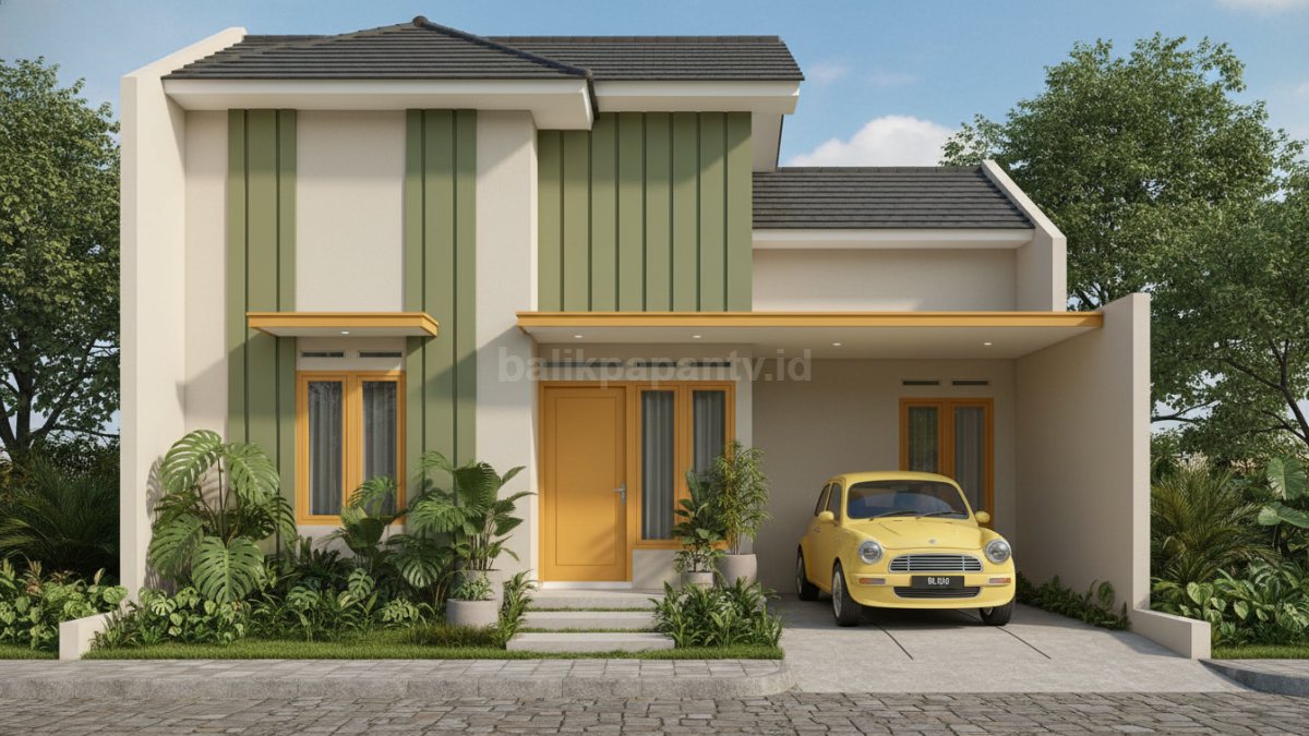 Tampilan fasad rumah minimalis dengan kombinasi warna kontras modern yang menarik perhatian