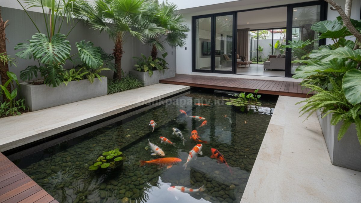 Kolam ikan minimalis di halaman rumah dengan air jernih 
