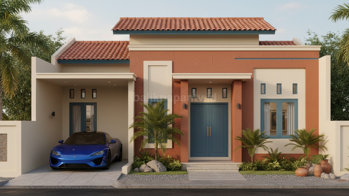 Kombinasi warna fasad Terracotta + krem hangat + biru laut