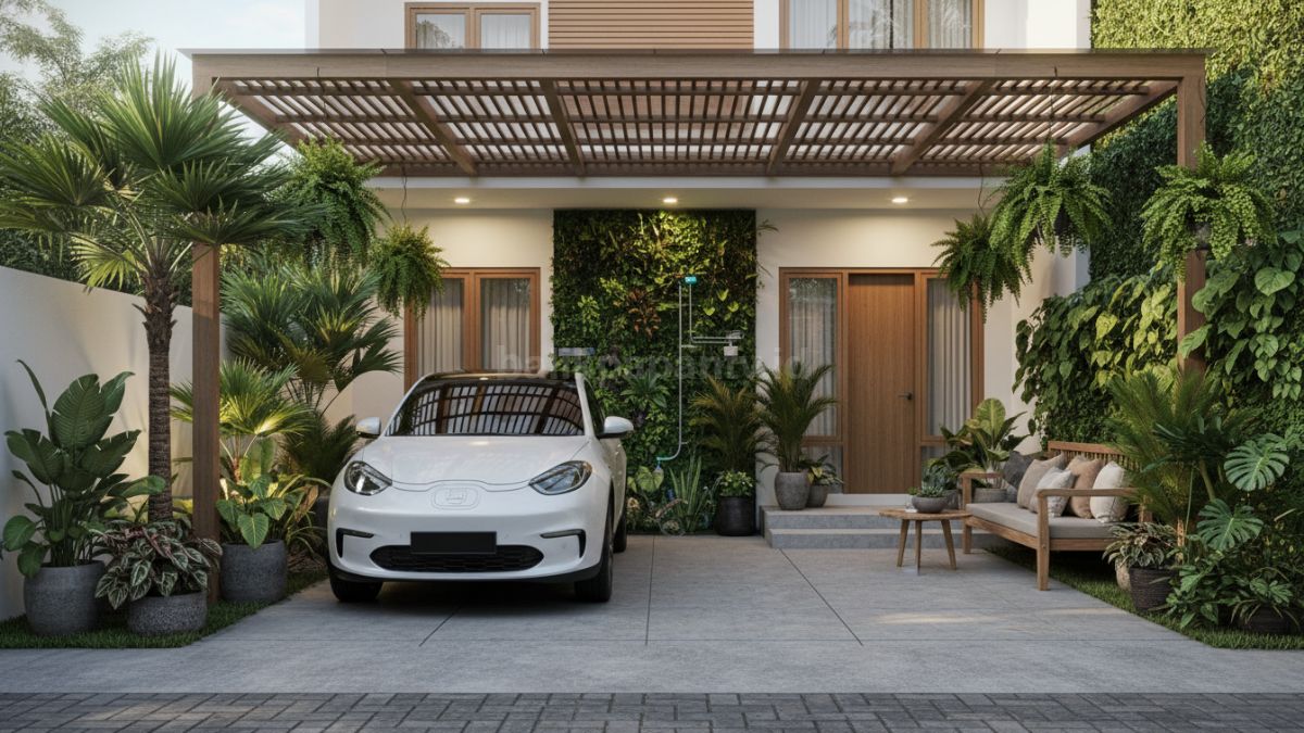 Carport semi outdoor dengan tanaman rambat, taman vertikal, dan jalur hijau yang harmonis