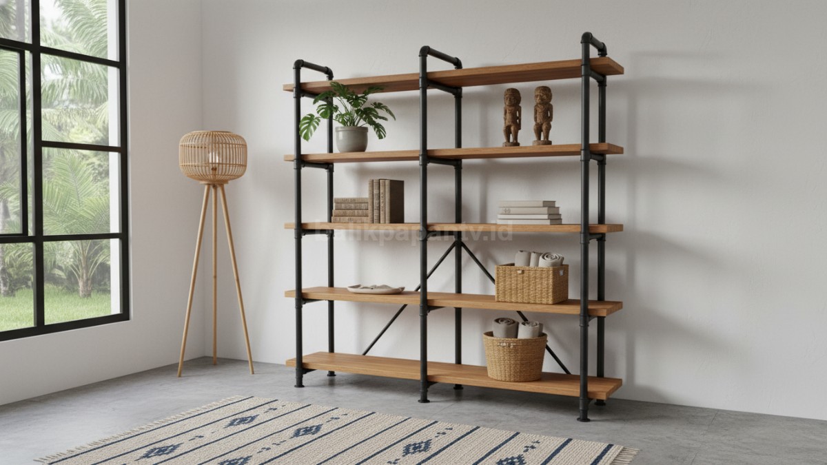 Rak pipa PVC gaya industrial di ruang tamu minimalis dengan kombinasi kayu