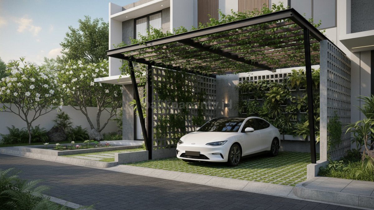 Carport kanopi rambat dengan pergola tanaman hijau