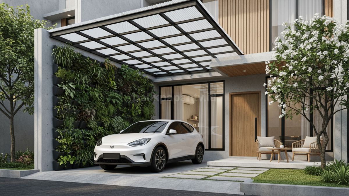 Carport dengan atap transparan dan taman vertikal dinding