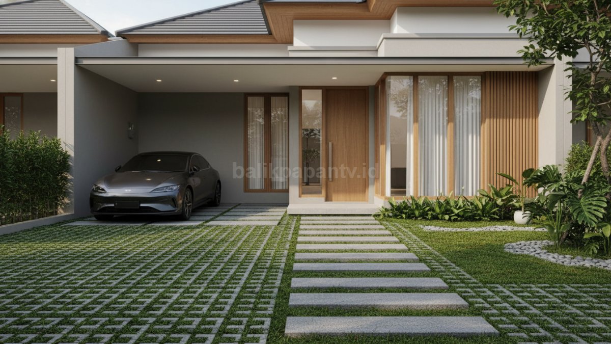 Grass paver hijau di lantai carport