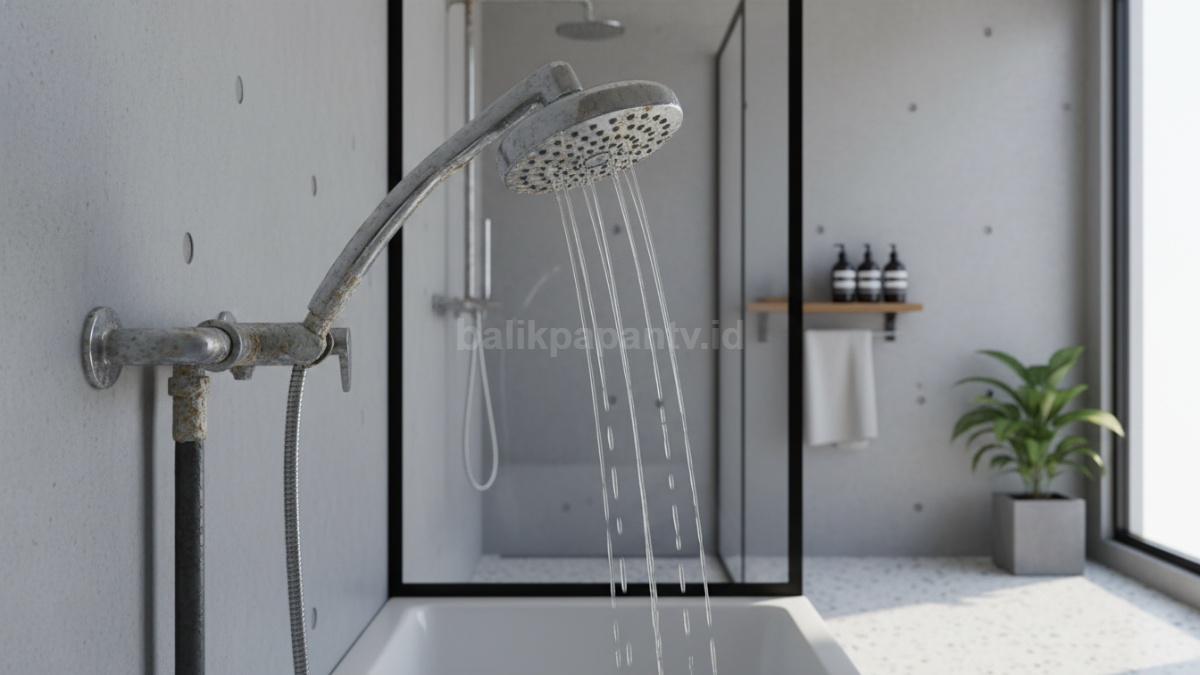Shower kamar mandi dengan aliran air kecil akibat sumbatan kerak 