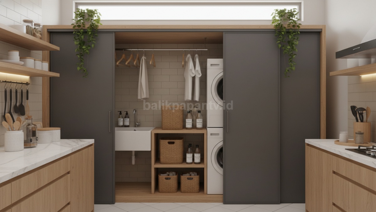 Laundry di balik kabinet dapur, rumah tetap rapi