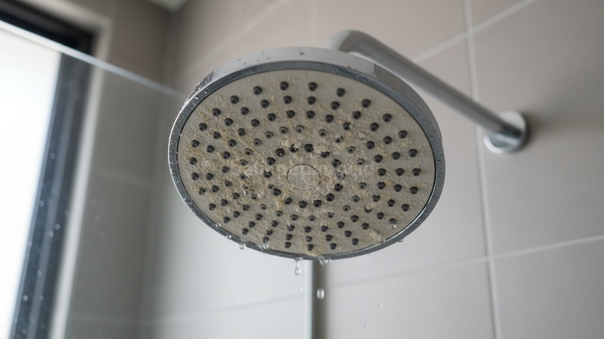 Kepala shower tersumbat dengan kerak mineral di lubang kecil 