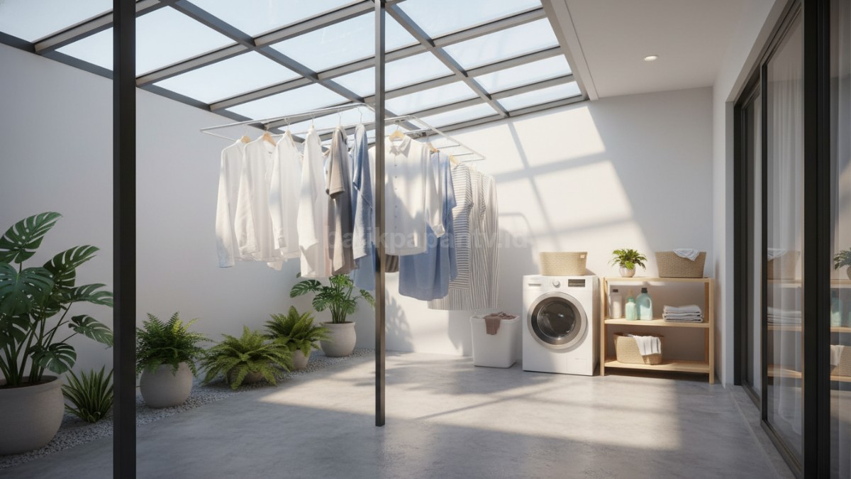 Laundry semi-terbuka dengan atap transparan, cahaya alami masuk