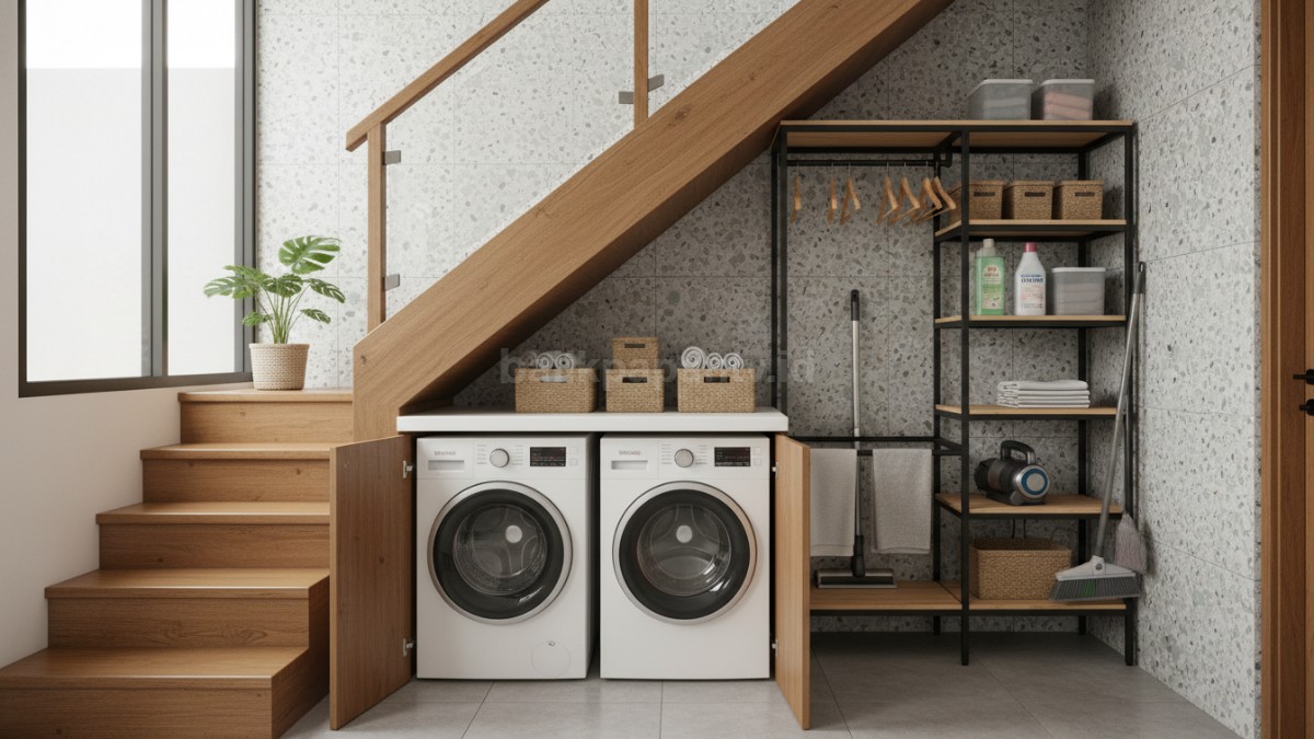Laundry mini bawah tangga multifungsi, hemat ruang