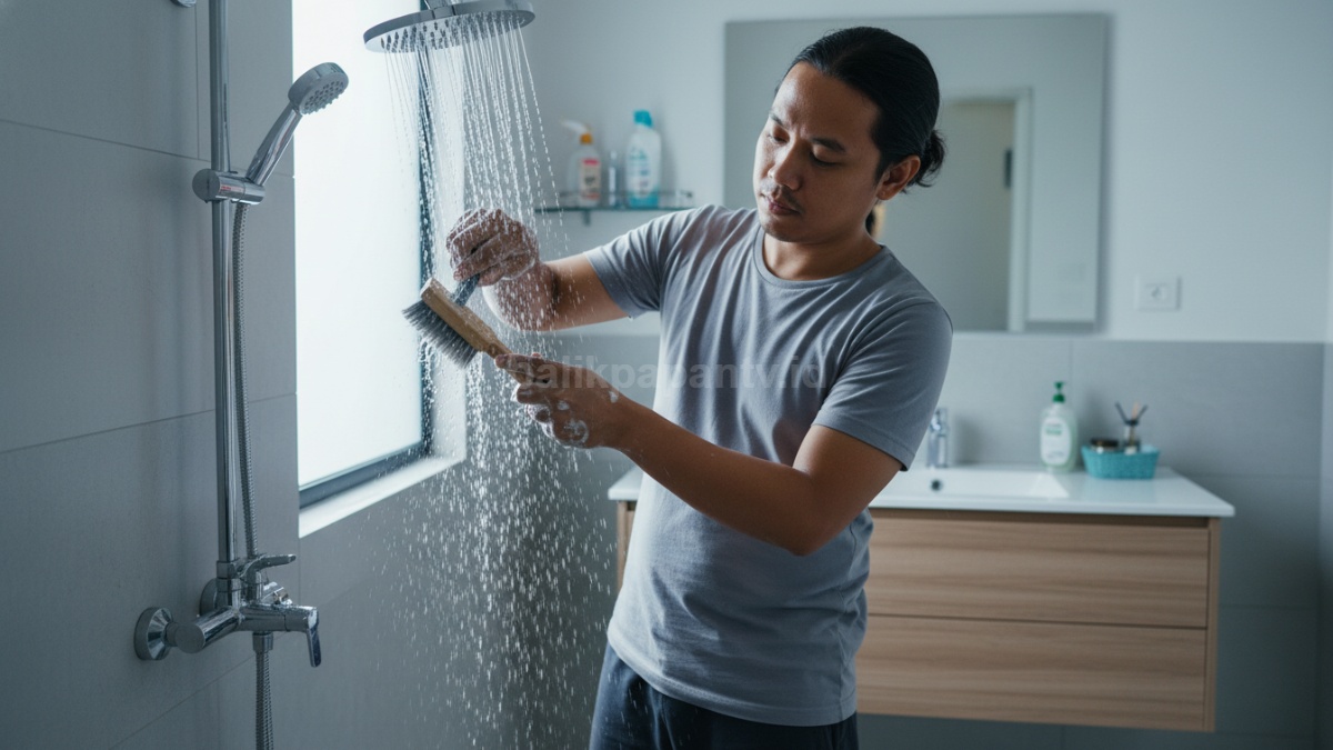 Membersihkan kepala shower dengan sikat kecil 