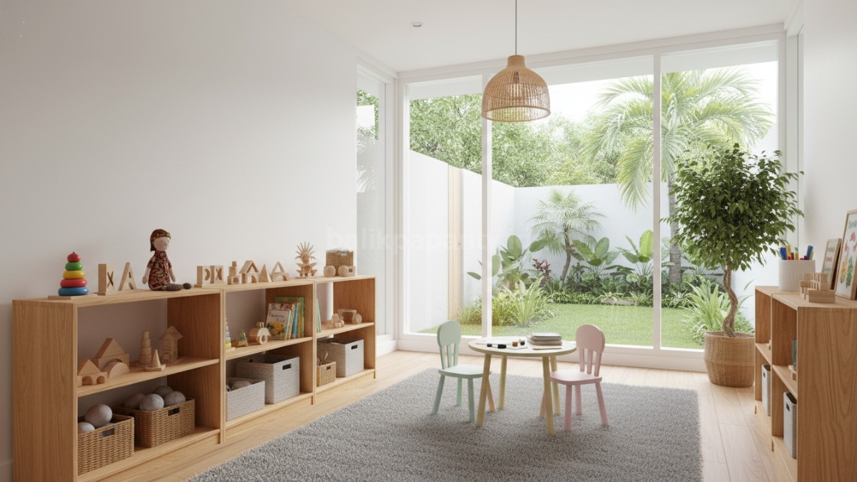 Ruang main anak minimalis dengan rak terbuka dan pencahayaan terang, bikin suasana rumah terasa hidup 