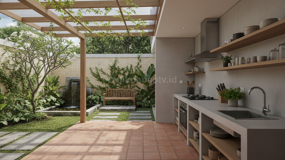Dapur semi outdoor modern dengan taman belakang hijau, nyaman untuk rumah kecil.